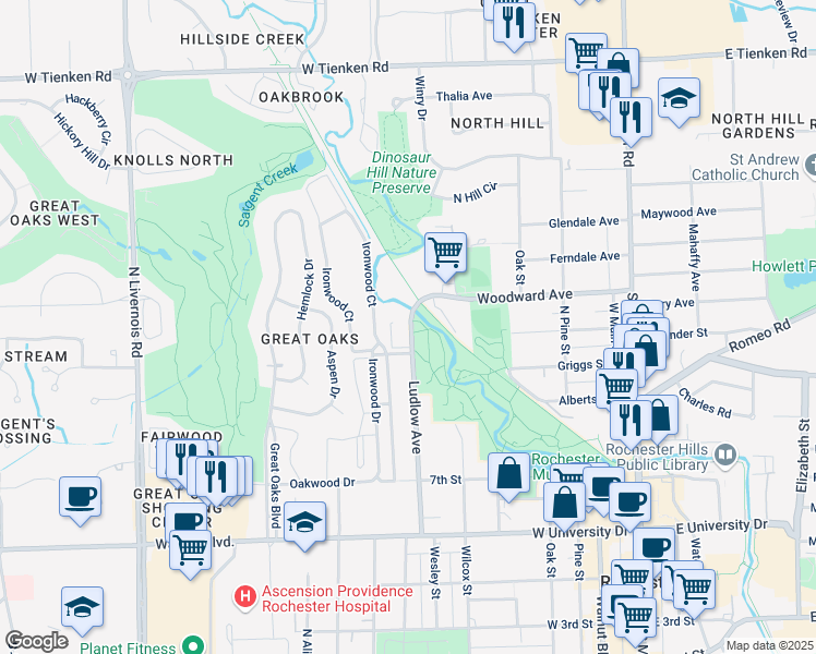 map of restaurants, bars, coffee shops, grocery stores, and more near 839 Ludlow Avenue in Rochester