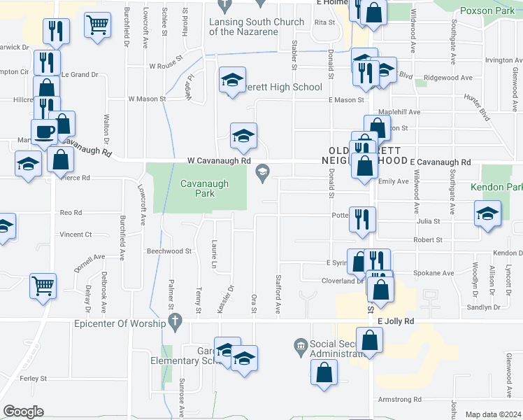 map of restaurants, bars, coffee shops, grocery stores, and more near 221 West Everettdale Avenue in Lansing
