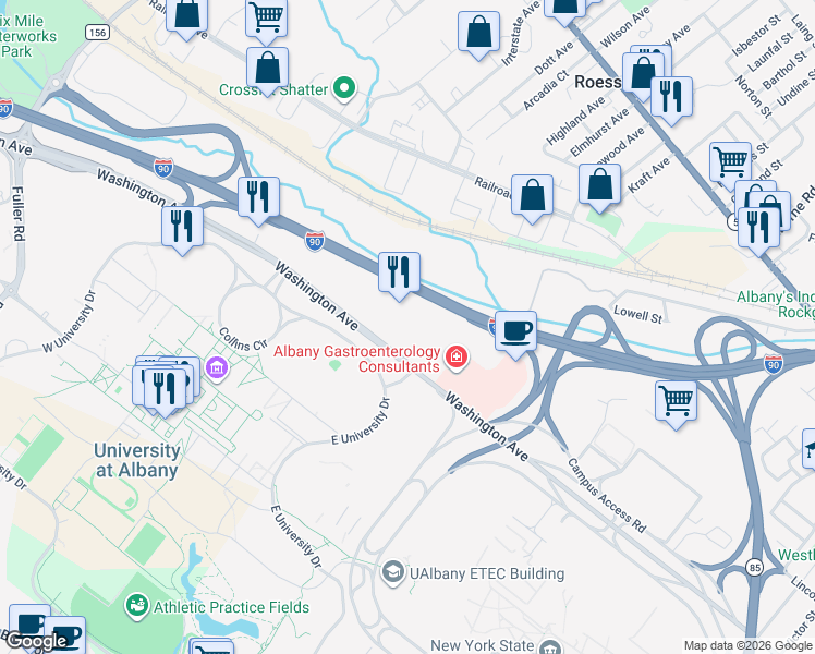 map of restaurants, bars, coffee shops, grocery stores, and more near 1385 Washington Avenue in Albany