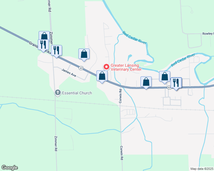 map of restaurants, bars, coffee shops, grocery stores, and more near 1458 Michigan 43 in Williamston