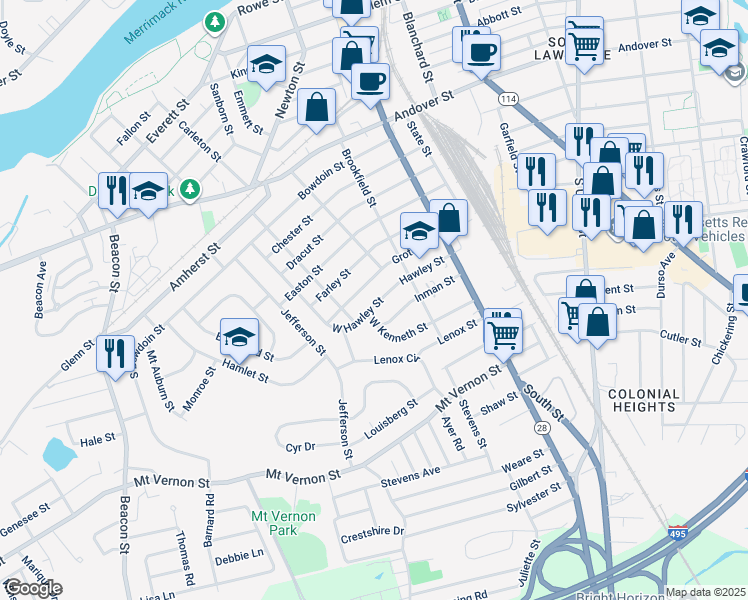 map of restaurants, bars, coffee shops, grocery stores, and more near 55 Hawley Street in Lawrence