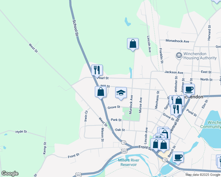 map of restaurants, bars, coffee shops, grocery stores, and more near 173 Mill Street in Winchendon