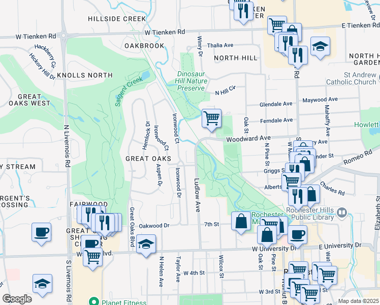 map of restaurants, bars, coffee shops, grocery stores, and more near 1008 Ironwood Court in Rochester