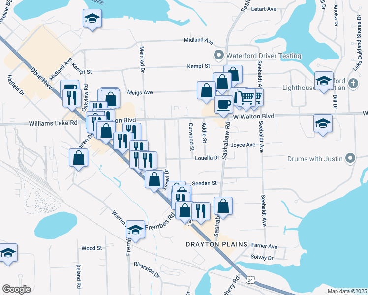 map of restaurants, bars, coffee shops, grocery stores, and more near 3366 Curwood Street in Waterford Township