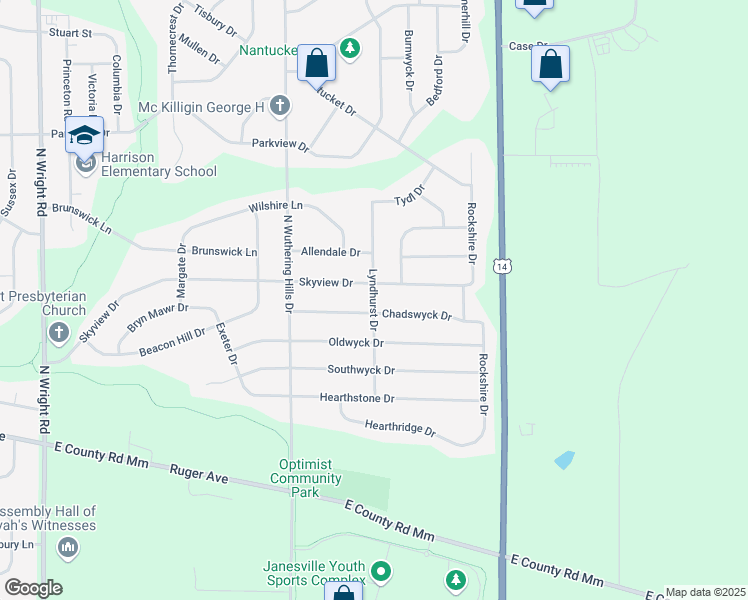 map of restaurants, bars, coffee shops, grocery stores, and more near 4307 Skyview Drive in Janesville