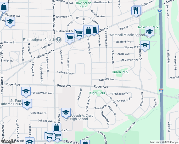 map of restaurants, bars, coffee shops, grocery stores, and more near 70 South Harmony Drive in Janesville