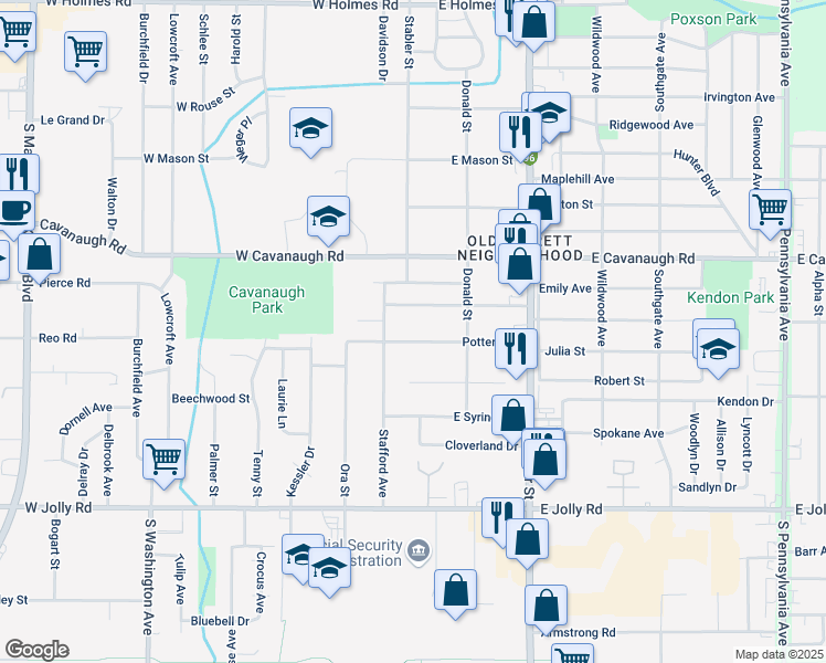 map of restaurants, bars, coffee shops, grocery stores, and more near 103 East Potter Street in Lansing