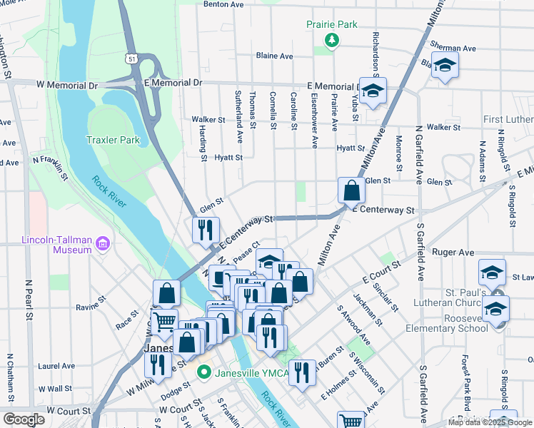 map of restaurants, bars, coffee shops, grocery stores, and more near 435 East Centerway Street in Janesville