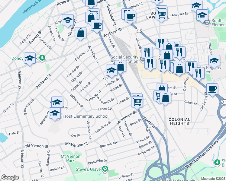 map of restaurants, bars, coffee shops, grocery stores, and more near 50 Inman Street in Lawrence