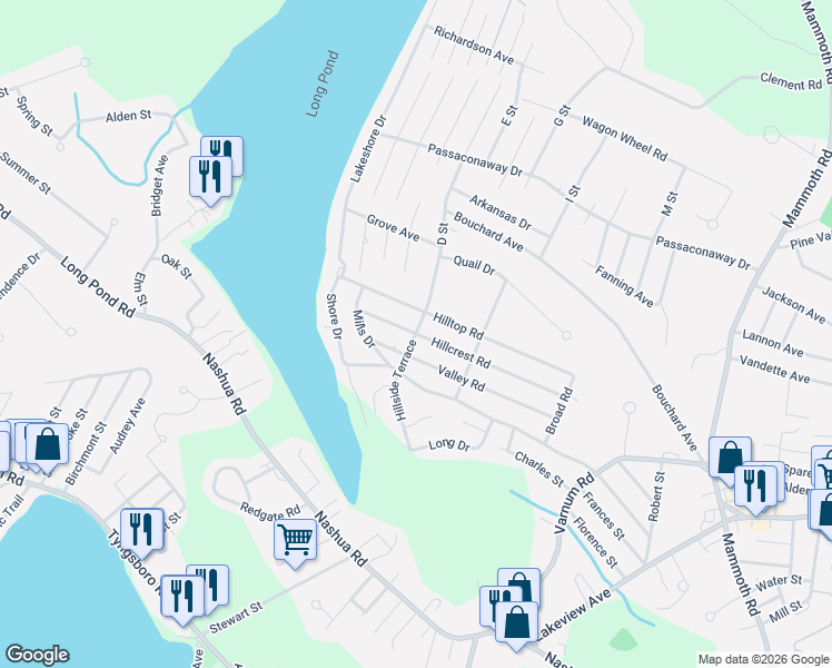 map of restaurants, bars, coffee shops, grocery stores, and more near 157 Hillcrest Road in Dracut