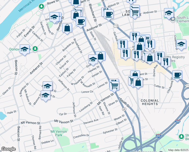 map of restaurants, bars, coffee shops, grocery stores, and more near 39 Inman Street in Lawrence
