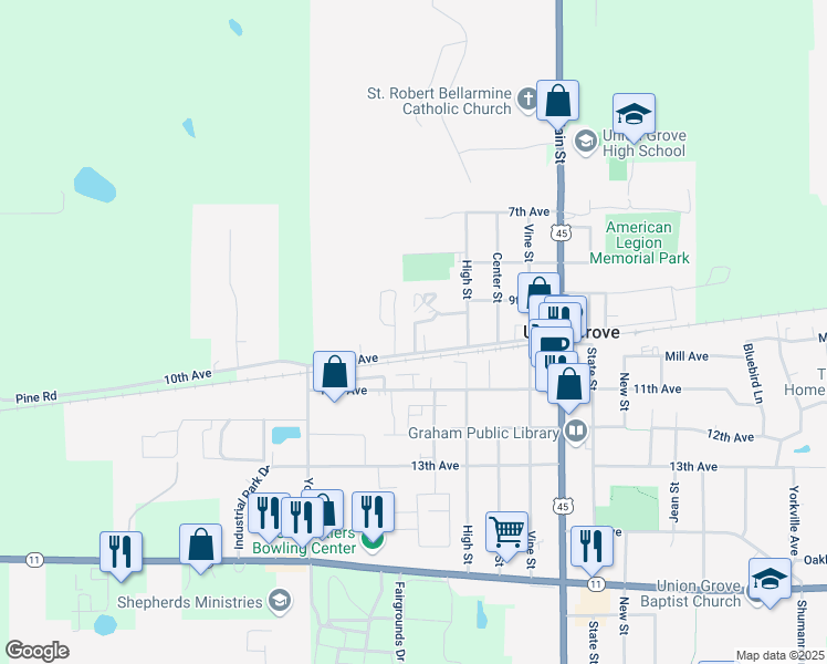 map of restaurants, bars, coffee shops, grocery stores, and more near 1440 Park Place in Union Grove