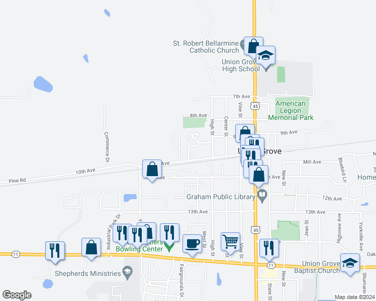 map of restaurants, bars, coffee shops, grocery stores, and more near 1440 Park Place in Union Grove