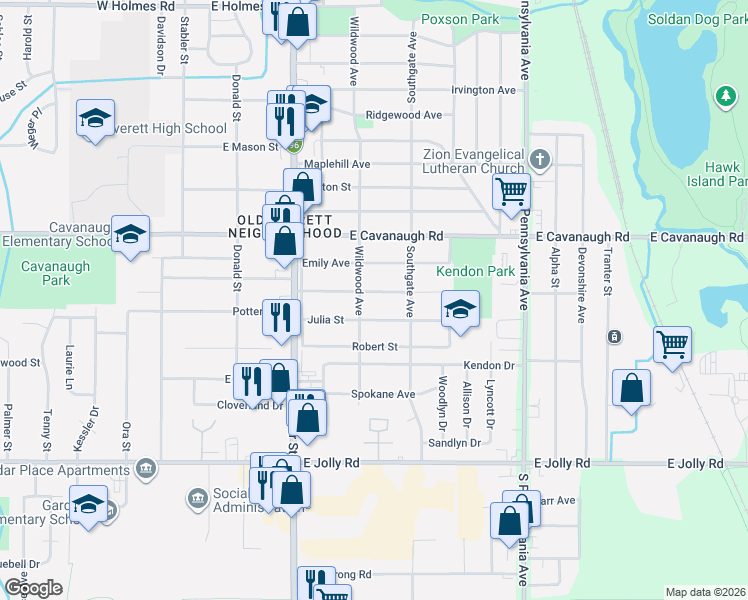 map of restaurants, bars, coffee shops, grocery stores, and more near 615 Samantha Avenue in Lansing