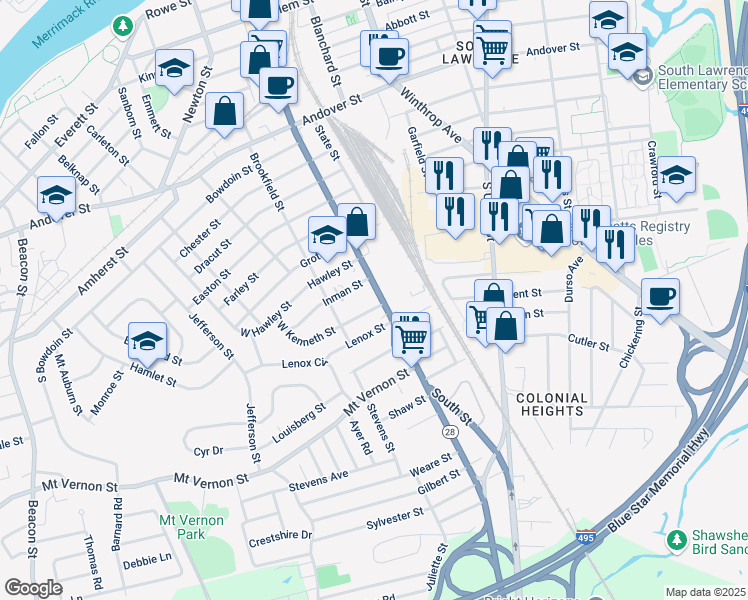 map of restaurants, bars, coffee shops, grocery stores, and more near 341 South Broadway in Lawrence