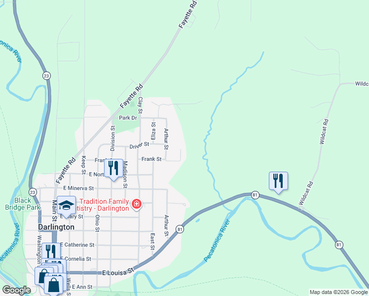 map of restaurants, bars, coffee shops, grocery stores, and more near 1239 Hillside Lane in Darlington