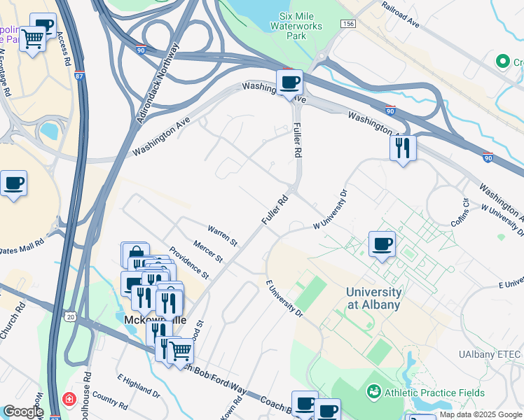 map of restaurants, bars, coffee shops, grocery stores, and more near 100 Sandidge Way in Albany