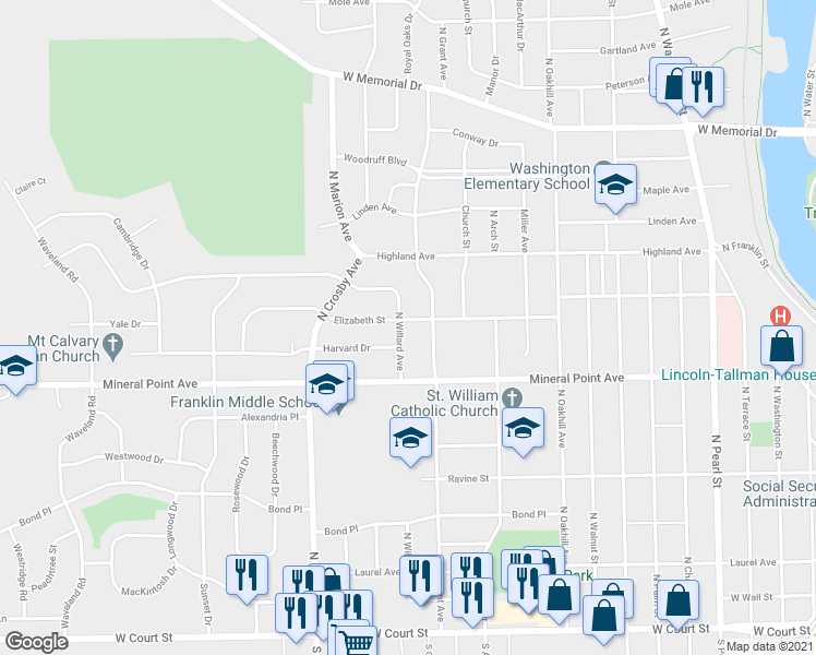 map of restaurants, bars, coffee shops, grocery stores, and more near 2219 Elizabeth Street in Janesville