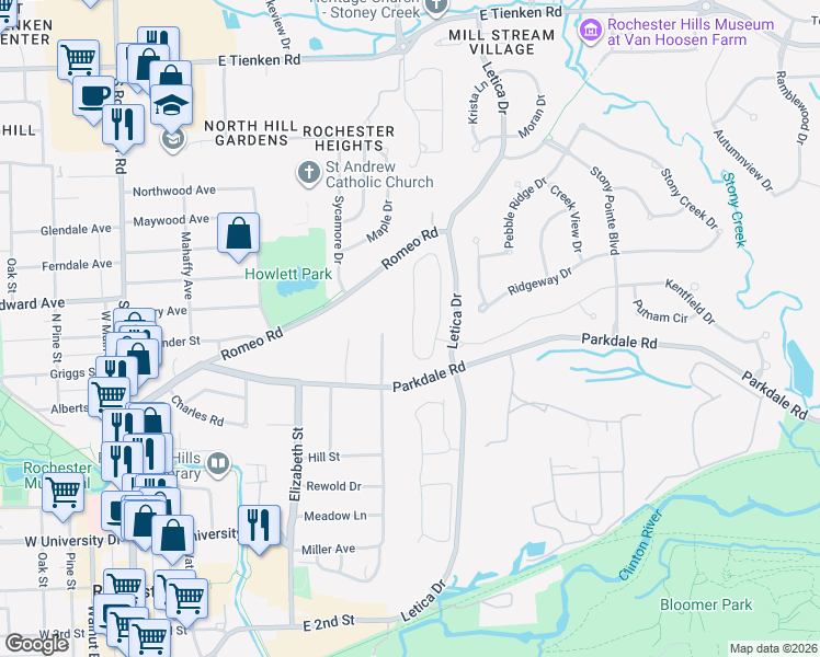 map of restaurants, bars, coffee shops, grocery stores, and more near 1139 Churchill Circle in Rochester