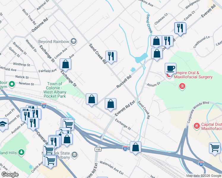 map of restaurants, bars, coffee shops, grocery stores, and more near 32 Russell Road in Albany