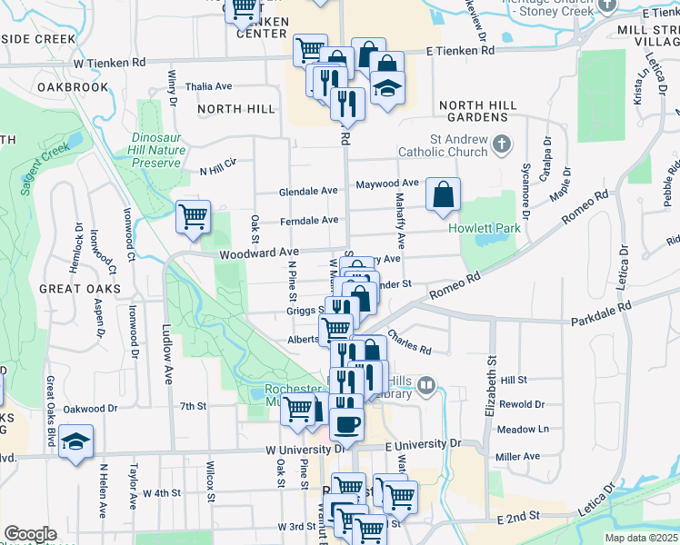 map of restaurants, bars, coffee shops, grocery stores, and more near 1001 North Main Street in Rochester