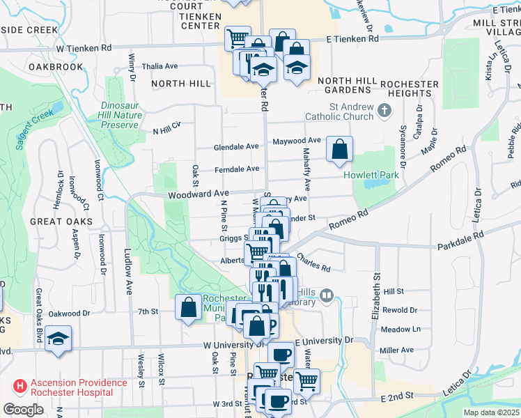 map of restaurants, bars, coffee shops, grocery stores, and more near 1001 North Main Street in Rochester