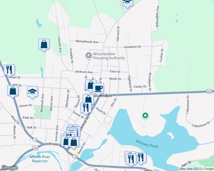 map of restaurants, bars, coffee shops, grocery stores, and more near 377 Central Street in Winchendon