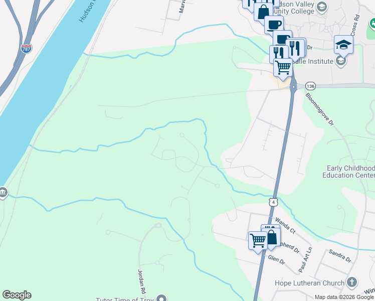 map of restaurants, bars, coffee shops, grocery stores, and more near 1701 Casale Court in Rensselaer County