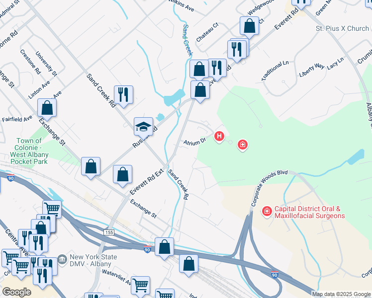 map of restaurants, bars, coffee shops, grocery stores, and more near 2-4 Atrium Drive in Albany