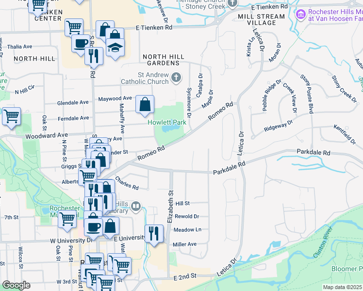 map of restaurants, bars, coffee shops, grocery stores, and more near 318 Romeo Road in Rochester