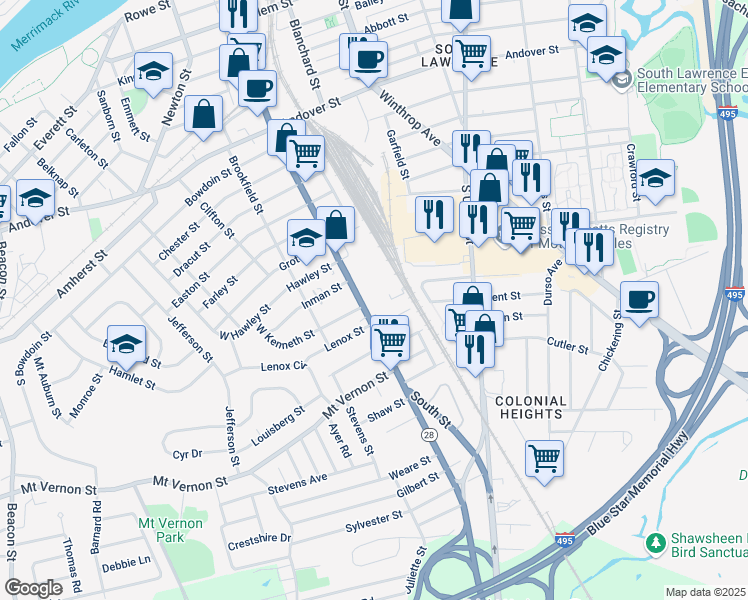 map of restaurants, bars, coffee shops, grocery stores, and more near 342 South Broadway in Lawrence