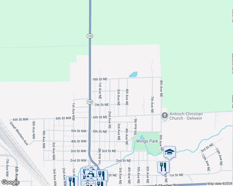 map of restaurants, bars, coffee shops, grocery stores, and more near 253-299 8th Street Northeast in Oelwein
