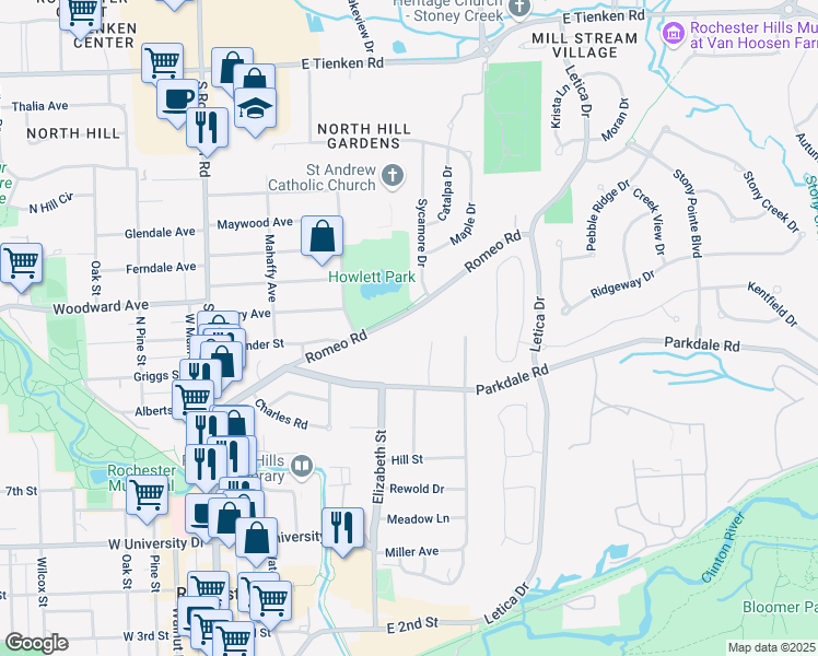 map of restaurants, bars, coffee shops, grocery stores, and more near 454 Romeo Road in Rochester