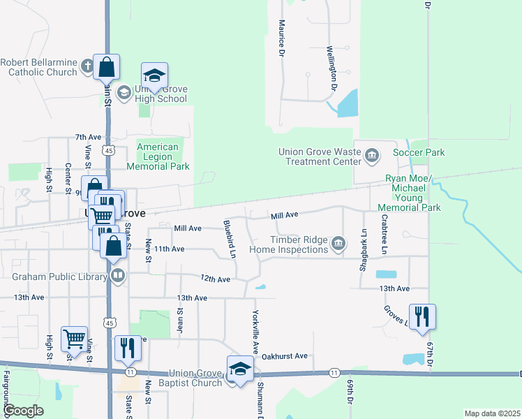 map of restaurants, bars, coffee shops, grocery stores, and more near 380 Mill Ave in Union Grove