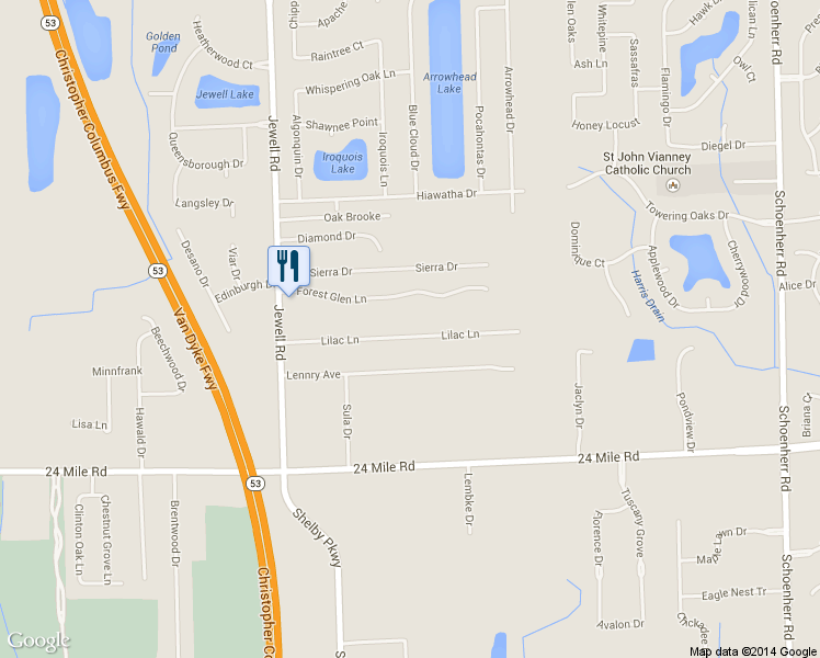 map of restaurants, bars, coffee shops, grocery stores, and more near 53540 Jewell Road in Shelby Township