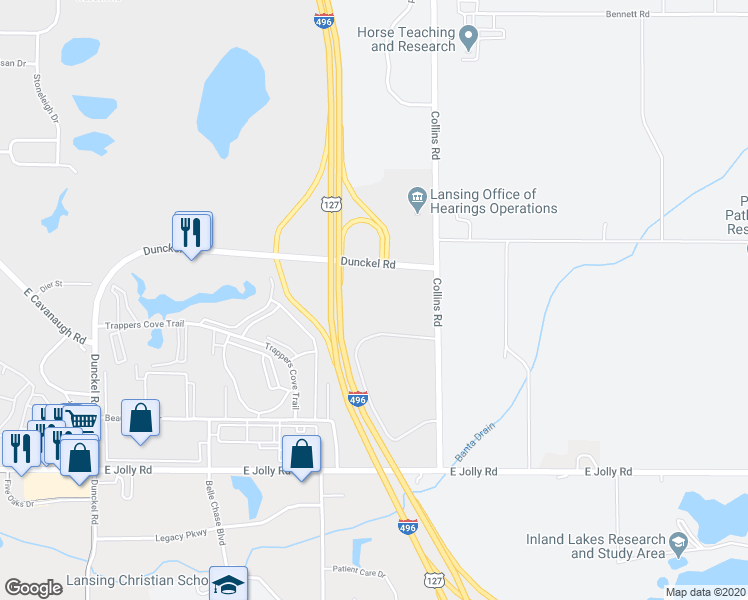 map of restaurants, bars, coffee shops, grocery stores, and more near 3600 Dunckel Road in Lansing