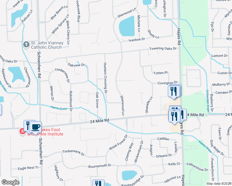 map of restaurants, bars, coffee shops, grocery stores, and more near 53299 Sherwood Lane in Shelby Township