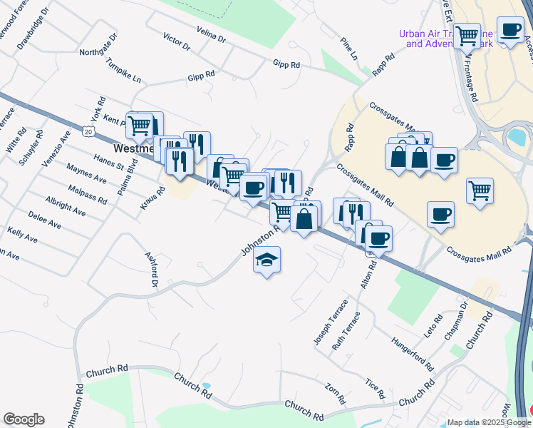 map of restaurants, bars, coffee shops, grocery stores, and more near 1732 Western Avenue in Albany