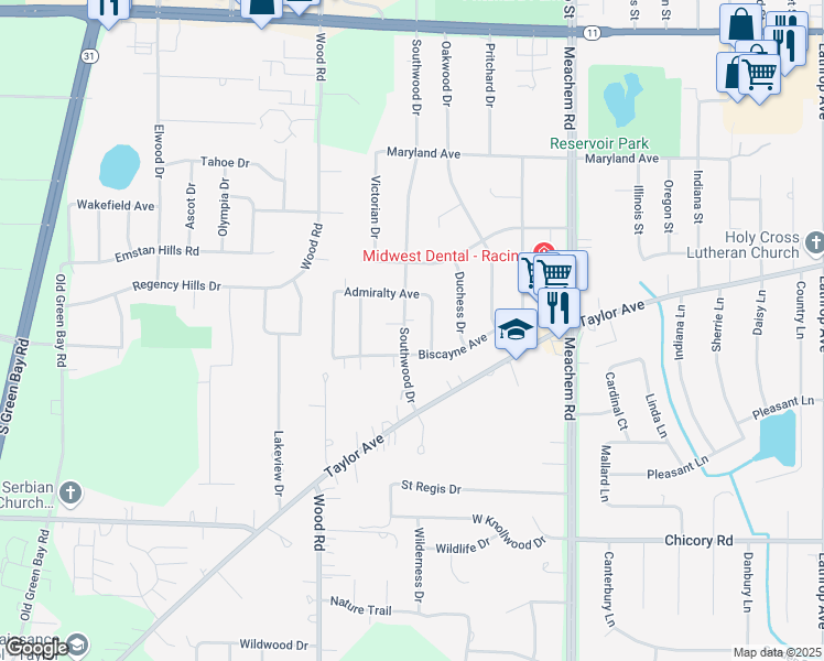 map of restaurants, bars, coffee shops, grocery stores, and more near 3701 Southwood Drive in Racine