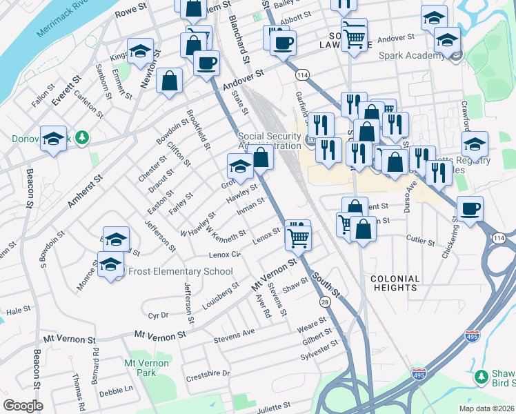 map of restaurants, bars, coffee shops, grocery stores, and more near 341 South Broadway in Lawrence