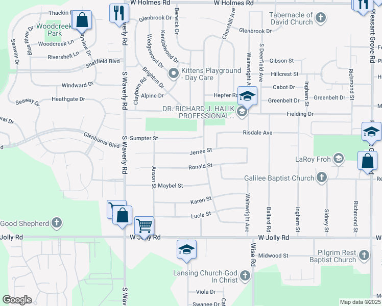 map of restaurants, bars, coffee shops, grocery stores, and more near 3508 Jerree Street in Lansing