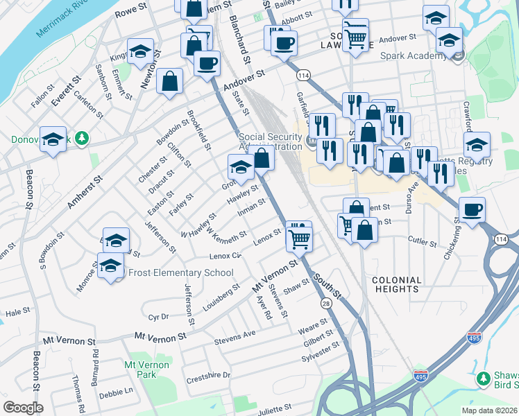 map of restaurants, bars, coffee shops, grocery stores, and more near 341 South Broadway in Lawrence