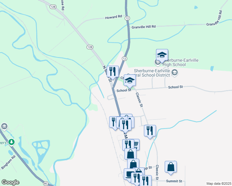 map of restaurants, bars, coffee shops, grocery stores, and more near 2 School St in Sherburne