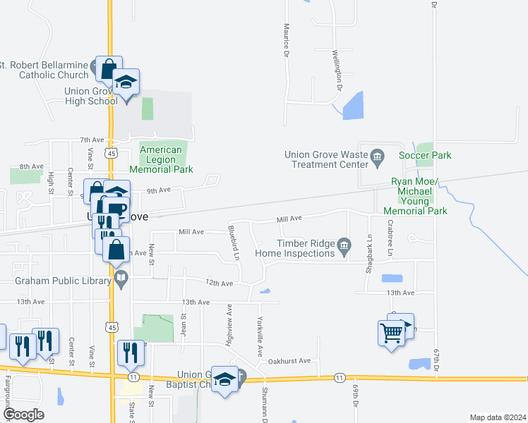 map of restaurants, bars, coffee shops, grocery stores, and more near 380 Mill Avenue in Union Grove