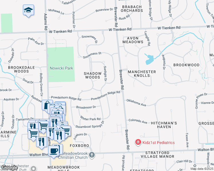 map of restaurants, bars, coffee shops, grocery stores, and more near 530 Sunlight Drive in Rochester Hills
