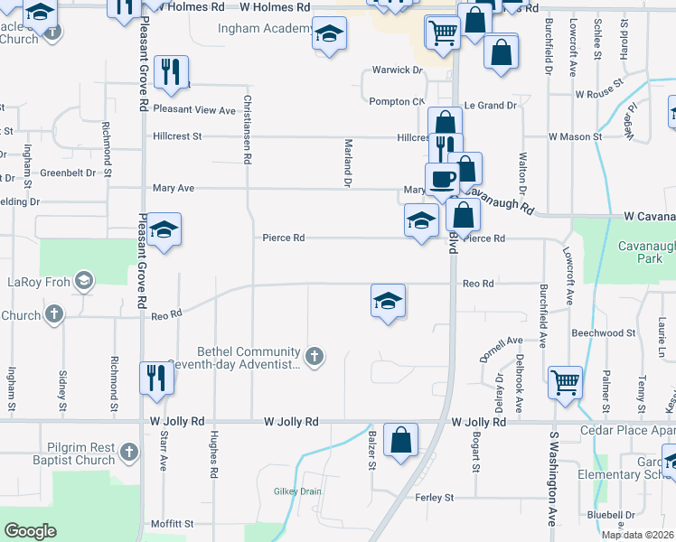 map of restaurants, bars, coffee shops, grocery stores, and more near 1514 Reo Rd in Lansing