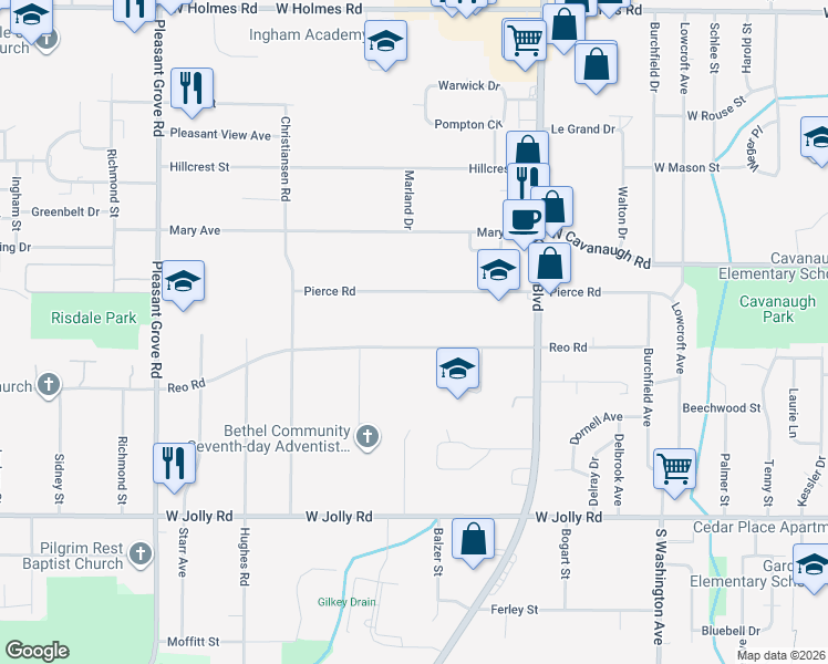 map of restaurants, bars, coffee shops, grocery stores, and more near 1514 Reo Road in Lansing
