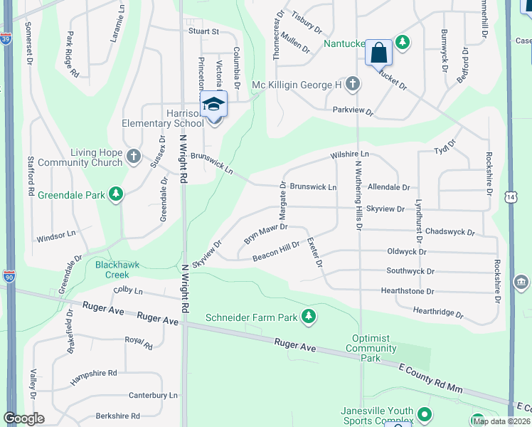 map of restaurants, bars, coffee shops, grocery stores, and more near 3832 Skyview Drive in Janesville