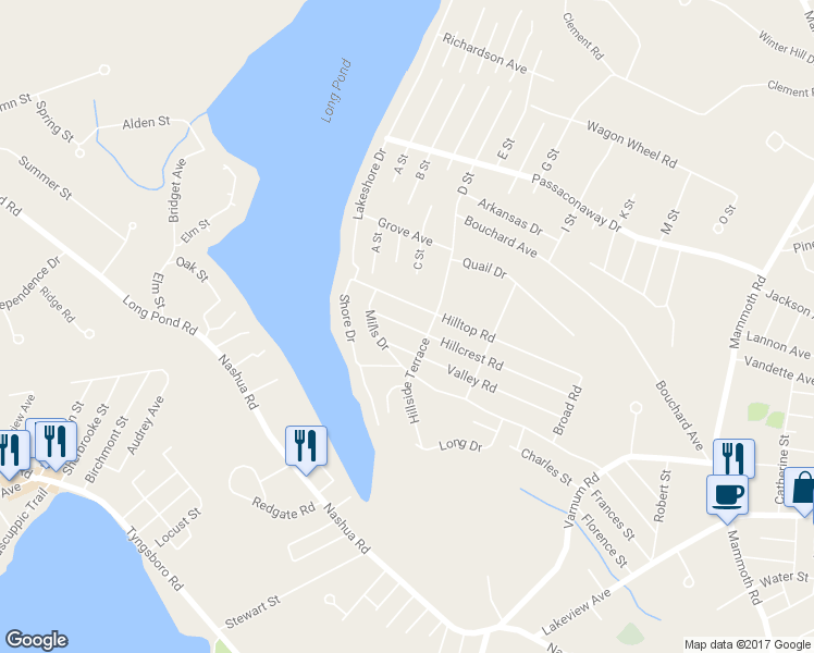 map of restaurants, bars, coffee shops, grocery stores, and more near 157 Hillcrest Road in Dracut