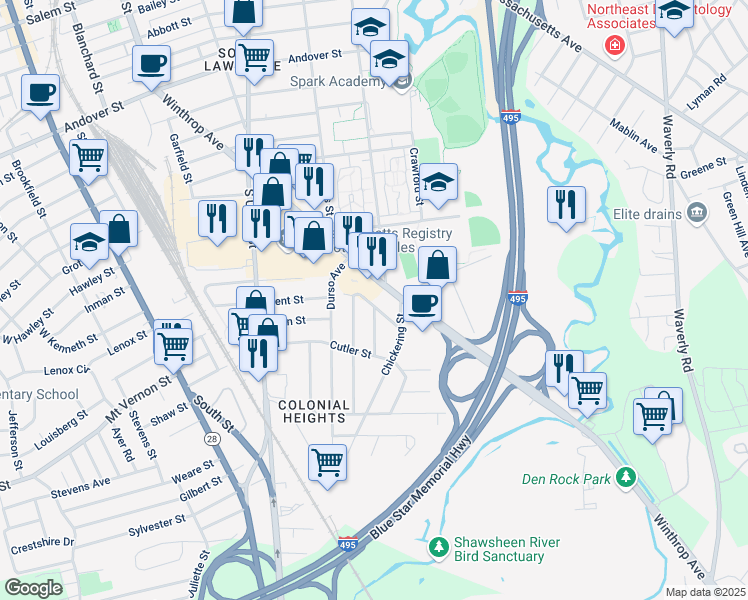 map of restaurants, bars, coffee shops, grocery stores, and more near 15 Patton Street in Lawrence